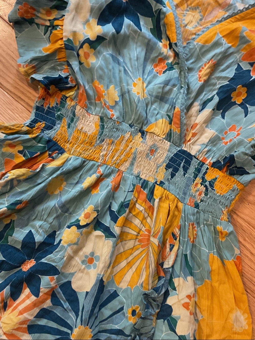 Angie Blue & Yellow Floral V-Neck Smocked Mini Dress Anthropologie Medium boho - Picture 7 of 14